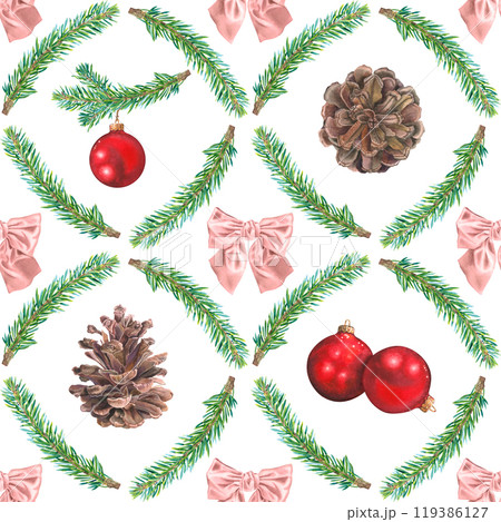 Seamless pattern of fir branches, pinecones, bow, red ball for Christmas. All objects are hand-painted with watercolor on a white background. For printing on paper, postcards, packaging, fabric, decor 119386127