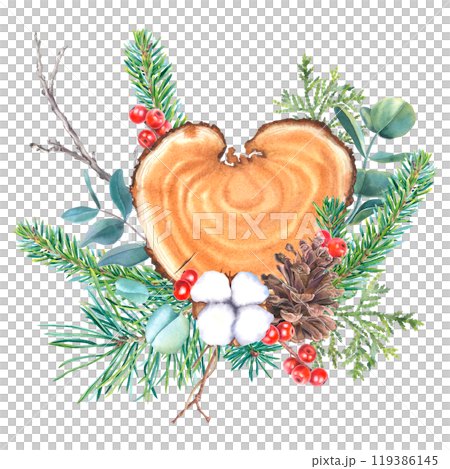 Heart shape wood slice, pine, fir and thuja branches, holly berries, pine cone, cotton, eucalyptus. Hand drawn watercolor illustration of Christmas frame on isolated background for party invitations. 119386145