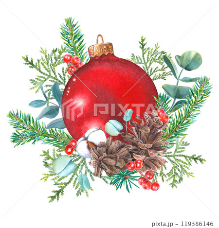 Glass round red ball, pine, fir and thuja branches, holly berries, pine cones, cotton, eucalyptus. Hand drawn watercolor illustration of Christmas decor on isolated background. For party invitations. 119386146