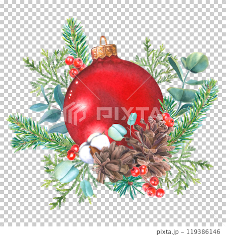 Glass round red ball, pine, fir and thuja branches, holly berries, pine cones, cotton, eucalyptus. Hand drawn watercolor illustration of Christmas decor on isolated background. For party invitations. 119386146