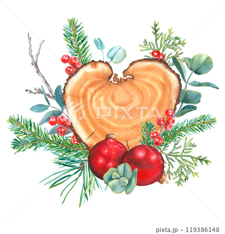 Heart shape wood slice, glass round red balls, pine, fir, thuja branches, holly berries, eucalyptus. Hand drawn watercolor illustration of Christmas frame on isolated background for party invitations. Heart shape wood slice, glass round red balls, pine, fir, thuja branches, holly berries, eucalyptus. Hand drawn watercolor illustration of Christmas frame on isolated background for party invitations. 119386148