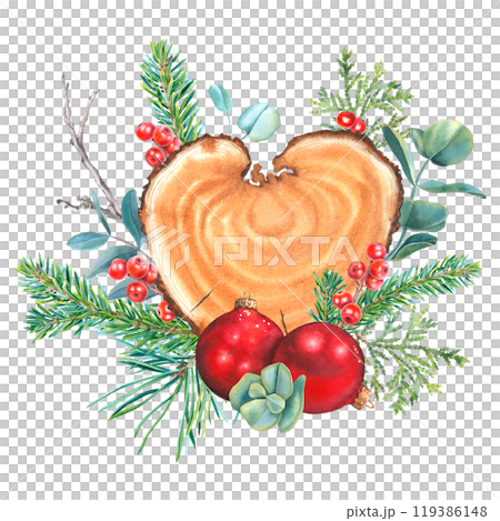 Heart shape wood slice, glass round red balls, pine, fir, thuja branches, holly berries, eucalyptus. Hand drawn watercolor illustration of Christmas frame on isolated background for party invitations. 119386148