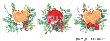 Christmas decor set of heart shape wood slice, glass red ball, cotton, pine, fir, thuja branches, holly berries, pine cones, eucalyptus. Hand drawn watercolor illustration on isolated background. Christmas decor set of heart shape wood slice, glass red ball, cotton, pine, fir, thuja branches, holly berries, pine cones, eucalyptus. Hand drawn watercolor illustration on isolated background. 119386149