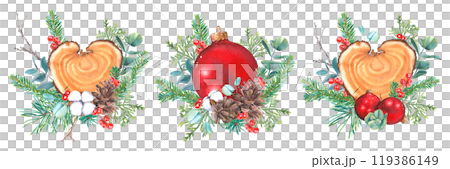 Christmas decor set of heart shape wood slice, glass red ball, cotton, pine, fir, thuja branches, holly berries, pine cones, eucalyptus. Hand drawn watercolor illustration on isolated background. Christmas decor set of heart shape wood slice, glass red ball, cotton, pine, fir, thuja branches, holly berries, pine cones, eucalyptus. Hand drawn watercolor illustration on isolated background. 119386149