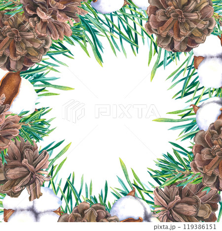 Watercolor board with cones, coniferous twigs, bolls of cotton flower. Hand drawn illustration of botanical Christmas square frame on isolated background. For greeting cards or New Year invitations. Watercolor board with cones, coniferous twigs, bolls of cotton flower. Hand drawn illustration of botanical Christmas square frame on isolated background. For greeting cards or New Year invitations. 119386151