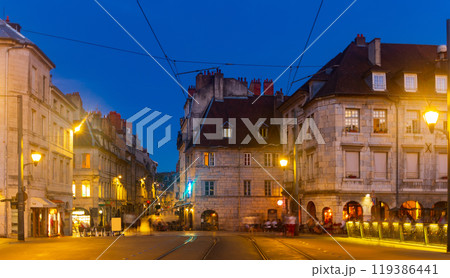 Evening view of illuminated lively historic center of Besancon, France 119386441