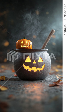 A pumpkin with a smiley face is sitting in a pot A pumpkin with a smiley face is sitting in a pot 119386572