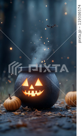 A black pumpkin with a lit candle inside of it is surrounded by two pumpkins A black pumpkin with a lit candle inside of it is surrounded by two pumpkins 119386574