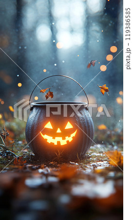 A pumpkin lantern with a smiley face on it is lit up and placed in a forest A pumpkin lantern with a smiley face on it is lit up and placed in a forest 119386585
