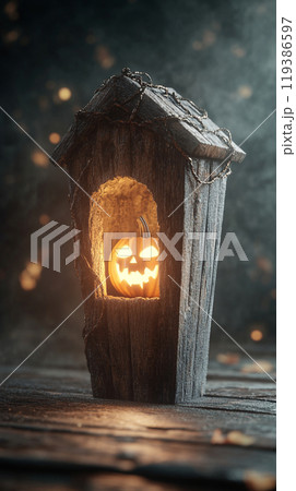 A wooden structure with a pumpkin inside of it A wooden structure with a pumpkin inside of it 119386597