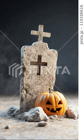 A cross is on top of a grave stone with a pumpkin and a pumpkin lantern 119386616