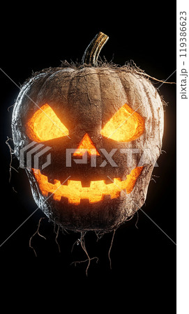 A pumpkin with a scary face and a glowing orange light 119386623