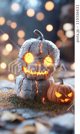 A pumpkin with a skull on top of it is surrounded by two pumpkins 119386631