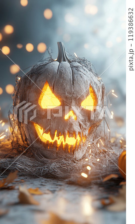 A pumpkin with a scary face is on a table 119386632