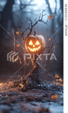 A tree with a pumpkin on top and a smiley face 119386636