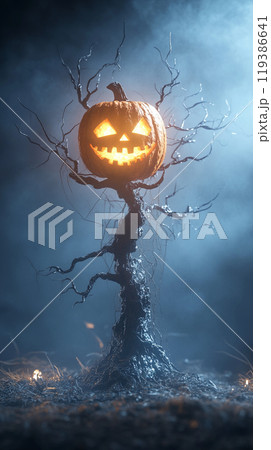 A tree with a pumpkin on top and a face carved into it 119386641