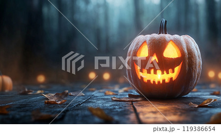 A pumpkin with a scary face is lit up in the dark 119386654