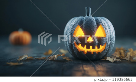 A pumpkin with a scary face is sitting on a table with some leaves 119386663