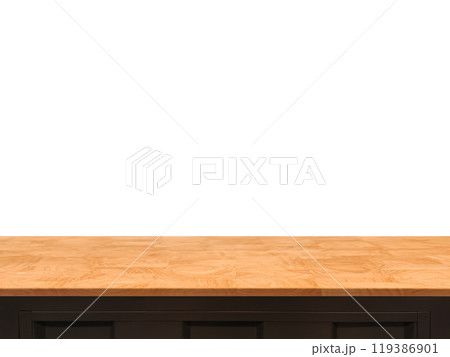 Front view of wooden table, isolated on white background. 119386901
