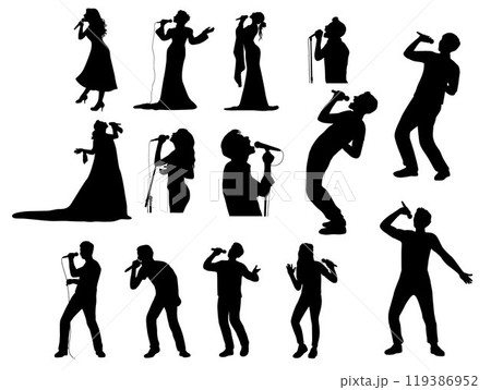 Woman and man singing with microphone, music lover holding microphone singing favorite song vector silhouette	 119386952