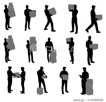 Delivery man, man holding parcel box vector silhouette, delivery man with boxes 119386956