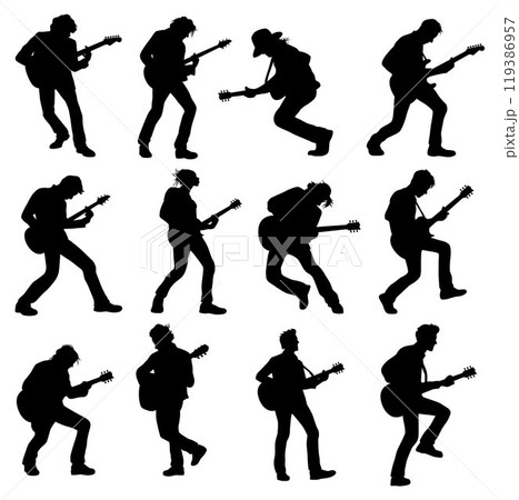 Man playing electric guitar, electric guitar during rock concert vector silhouette 119386957