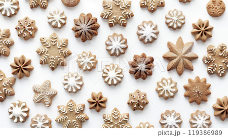 AI-generated item. Christmas gingerbread cookies on white background. Flat lay, top view. AI-generated item. Christmas gingerbread cookies on white background. Flat lay, top view. 119386989