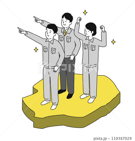 栃木県で働くイメージイラスト、笑顔の作業服の男女 119387029