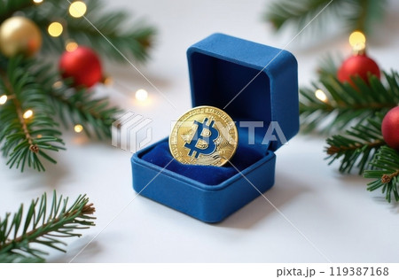 Cryptocurrency as a gift for the New Year, bitcoin in a blue case 119387168