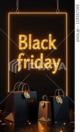 Neon glowing gold lettering Black Friday on a black background. Shop window for Black Friday, sale, discounts, shopping bags, AI generated 119387169