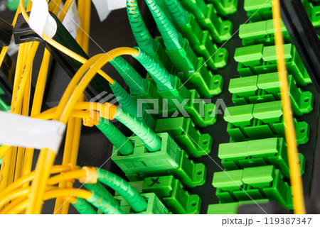 Fiber Optic cables connected to an optic ports 119387347