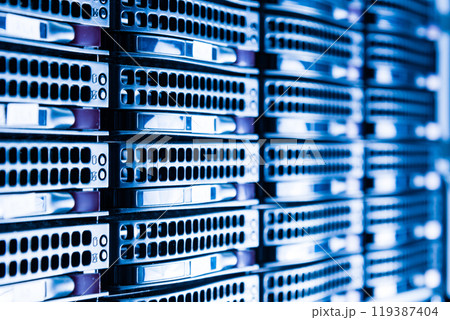 Array of data storage hard drives in internet data center 119387404
