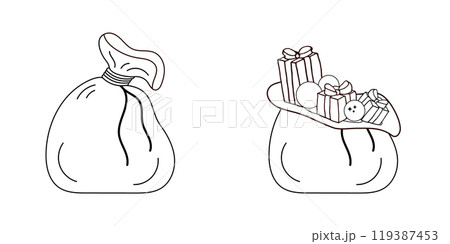 Santa Claus bag, sack with gifts. Black and white vector illustration. Black line style, outline, doodle. New Year, Christmas gifts. Bag tied with rope and bag filled with gift boxes. Coloring book. Santa Claus bag, sack with gifts. Black and white vector illustration. Black line style, outline, doodle. New Year, Christmas gifts. Bag tied with rope and bag filled with gift boxes. Coloring book. 119387453