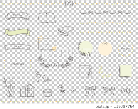 手描きの本や雑誌、リボンと雑貨のイラストセット 119387764