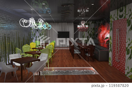 restaurant, interior visualization, 3D illustration restaurant, interior visualization, 3D illustration 119387820