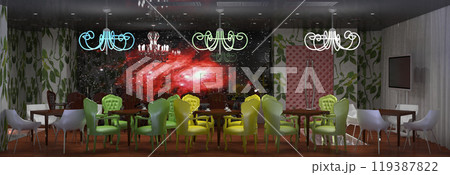restaurant, interior visualization, 3D illustration restaurant, interior visualization, 3D illustration 119387822