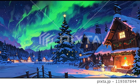 クリスマスデコレーションされた山間部の家々とオーロラ 119387844