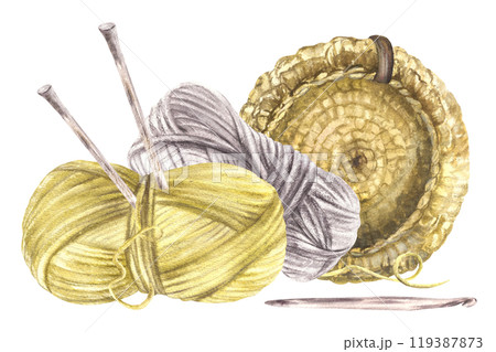 Skein of knitting thread, knitting needles and crochet hook. Balls of yarn with handmade basket. Watercolor hand drawn illustration Hobby needlework clipart for label, sticker isolated from background Skein of knitting thread, knitting needles and crochet hook. Balls of yarn with handmade basket. Watercolor hand drawn illustration Hobby needlework clipart for label, sticker isolated from background 119387873