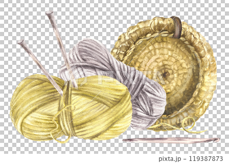 Skein of knitting thread, knitting needles and crochet hook. Balls of yarn with handmade basket. Watercolor hand drawn illustration Hobby needlework clipart for label, sticker isolated from background Skein of knitting thread, knitting needles and crochet hook. Balls of yarn with handmade basket. Watercolor hand drawn illustration Hobby needlework clipart for label, sticker isolated from background 119387873