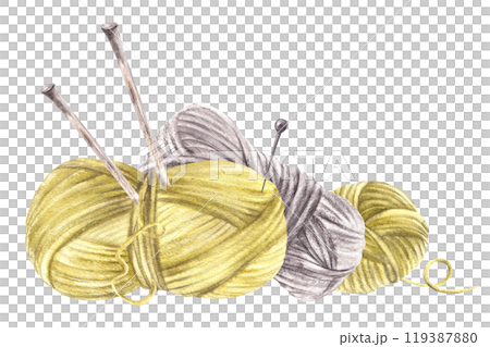 Different skeins of yarn and wooden knitting needles. Grey and green yarn balls, crochet hook, pins Watercolor hand drawn illustration for female hobby blogs, needlework label Isolated from background 119387880