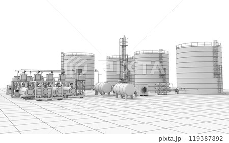 oil refinery, chemical production, waste processing plant, exterior visualization, 3D illustration, cg oil refinery, chemical production, waste processing plant, exterior visualization, 3D illustration, cg 119387892