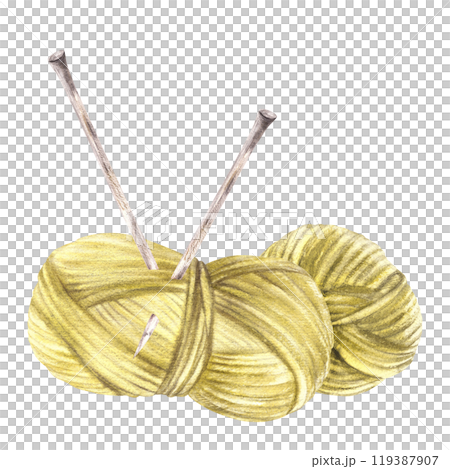 Skein of thread with knitting needles. Green yellow pastel coloured ball of yarn. Watercolor hand drawn illustration for Handmade blog, cozy hobby product label design Clipart isolated from background Skein of thread with knitting needles. Green yellow pastel coloured ball of yarn. Watercolor hand drawn illustration for Handmade blog, cozy hobby product label design Clipart isolated from background 119387907