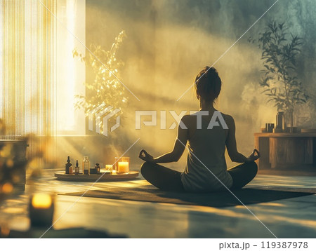 Peaceful meditation scene with sunlit atmosphere and calming decor elements 119387978