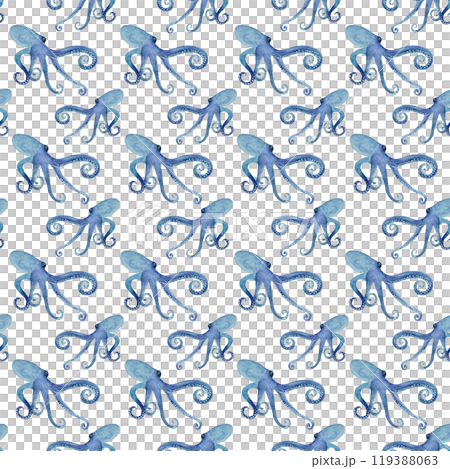 Octopus hand-drawn in watercolor seamless pattern isolated on white. High quality blue gradient monochromatic illustration for stationary, textile, wallpaper, wrapping paper, oceanarium, background Octopus hand-drawn in watercolor seamless pattern isolated on white. High quality blue gradient monochromatic illustration for stationary, textile, wallpaper, wrapping paper, oceanarium, background 119388063