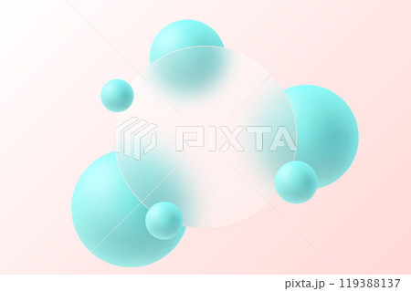 Image in glass morphism style. Translucent circle on light background with floating spheres. Image in glass morphism style. Translucent circle on light background with floating spheres. 119388137
