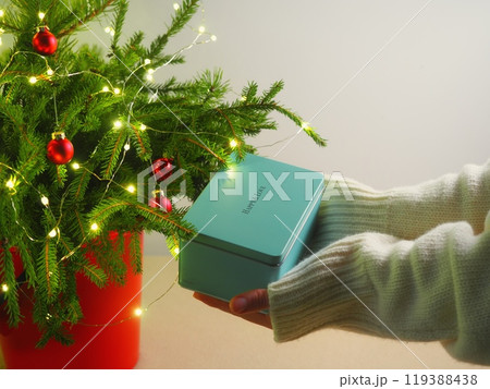 Surprise tiffany colored box. Holding a welcome Christmas gift. Good Expectation Surprise tiffany colored box. Holding a welcome Christmas gift. Good Expectation 119388438