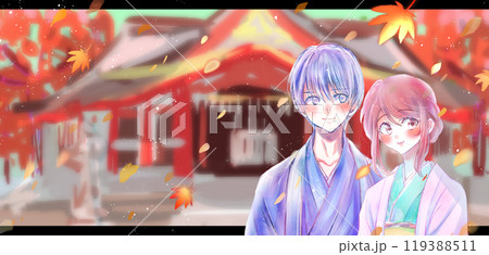 寄り添う和装の男女　秋の神社 119388511