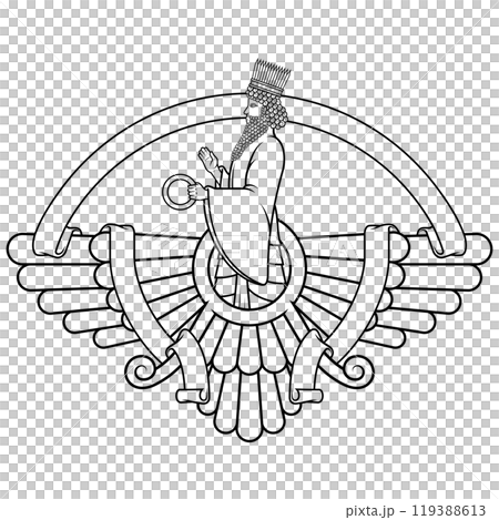 Zoroastrian winged solar disk with ribbon Zoroastrian winged solar disk with ribbon 119388613