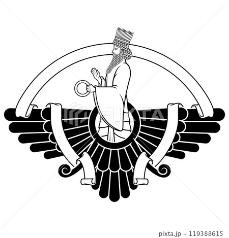 Zoroastrian winged solar disk with ribbon Zoroastrian winged solar disk with ribbon 119388615