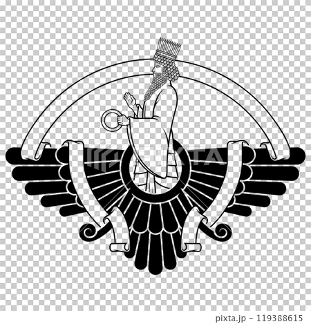 Zoroastrian winged solar disk with ribbon Zoroastrian winged solar disk with ribbon 119388615
